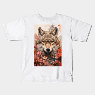 Red Flowers Wolf Kids T-Shirt